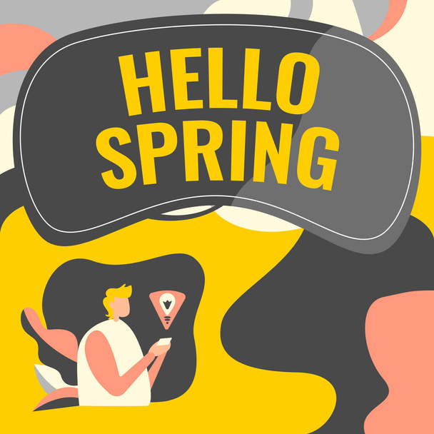Inspiratie met uithangbord Hello Spring. Word voor het verwelkomen van het seizoen na de winter Bloeien van bloemen Zakenman Met behulp van mobiele telefoon Making Plans Het voltooien van de laatste doelstellingen. - Foto, afbeelding