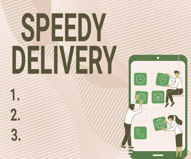 Conceptual display Speedy Delivery. Business approach provide products in fast way or same day shipping overseas Three Colleagues Carrying S Decorating Mobile Application. - Valokuva, kuva