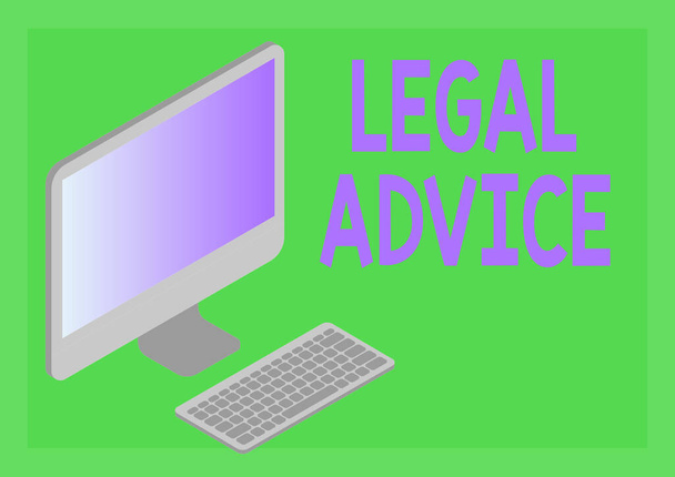 Handwriting text Legal Advice. Internet Concept Lawyer opinion about law procedure in a particular situation Monitor with keyboard symbolizing online connection between colleagues. - Fotó, kép