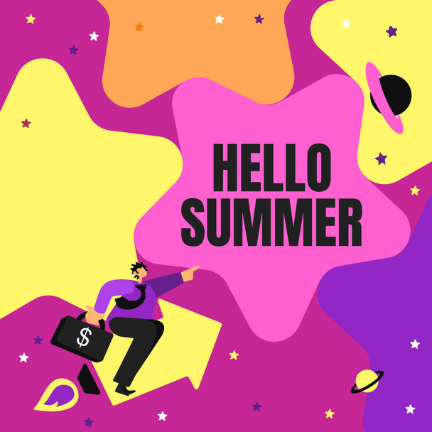 Conceptual display Hello Summer. Business approach Welcoming the warmest season of the year comes after spring Gentleman Pointing Finger Star Representing Financial Success. - Valokuva, kuva
