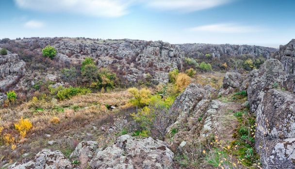 Un gran número de minerales de piedra cubiertos de vegetación verde que yace sobre un pequeño río en la pintoresca Ucrania y su hermosa naturaleza - Foto, imagen