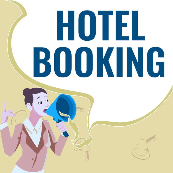 Εννοιολογική λεζάντα Hotel Booking. Business approach Online Κρατήσεις Προεδρική Σουίτα De Luxe Φιλοξενία Γυναίκα ηγέτης κρατώντας ένα μεγάφωνο εκφράζοντας ενθαρρυντικές ιδέες. - Φωτογραφία, εικόνα