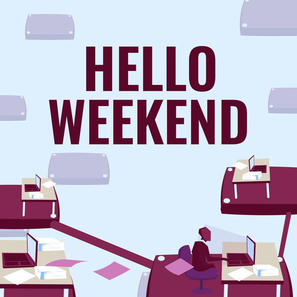 Handwriting text Hello Weekend. Business showcase Getaway Adventure Friday Positivity Relaxation Invitation Male office worker utilizing technology available office supplies. - 写真・画像