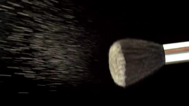Καλλυντική σκόνη για το πρόσωπο είναι Χύνεται από ένα πινέλο σε μαύρο φόντο - Πλάνα, βίντεο