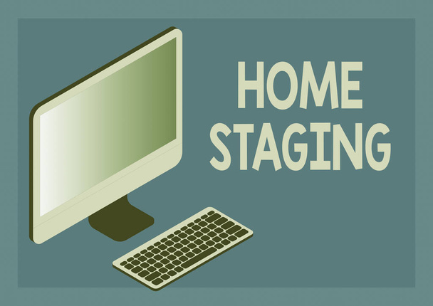 テキストのホームステージを表示する書き込み。同僚間のオンライン接続を象徴するキーボードで市場モニターで販売のための民間住宅を準備するビジネスアイデア法. - 写真・画像