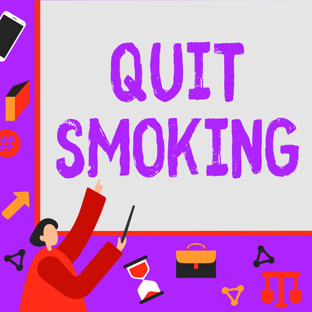 テキストの表示を書く喫煙をやめる。タバコ中毒の使用を中止または停止することを意味する概念ビジネスマン指差額表示委員会計画プロジェクトを表す. - 写真・画像