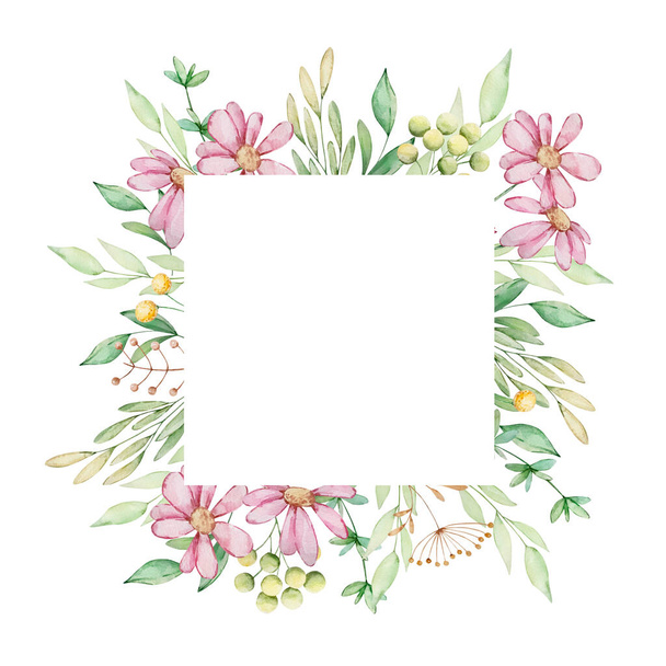 Watercolor square floral frame of pink flowers and leaves - Fotó, kép