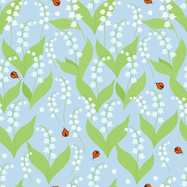 Cute Floral seamless pattern with May lilies of the valley and ladybugs on light blue background. Vector illustration. Spring pattern with forest flowers for design, packaging, wallpaper, decoration - Vector, Imagen