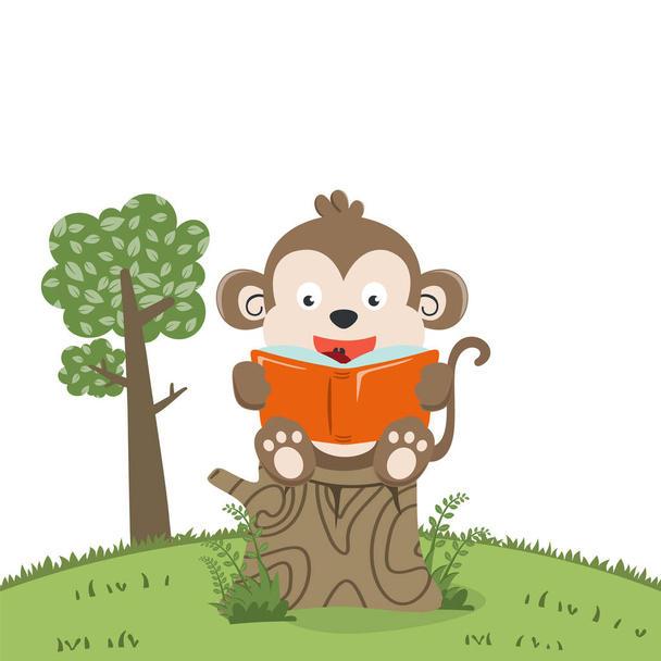Illustration of funny lion sit on tree trunk reading a book. Creative vector childish background for fabric, textile, nursery wallpaper, poster, card, brochure. and other decoration. - Vecteur, image