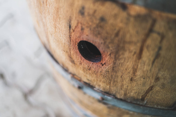 Barrique Wooden Oak Wine Barrel Close Up with Hole - Zdjęcie, obraz