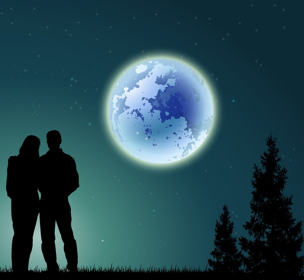 満月の背景を持つカップルのシルエット - ベクター画像