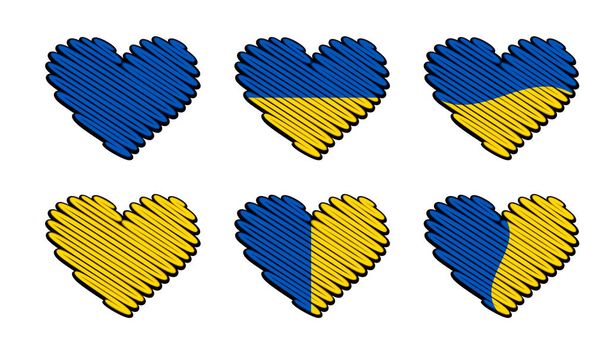 Heart outline stickers with flag colors of Ukraine and black border. Vector design elements for decoration design. Modern concept is perfect for patriot sticker and icon - Вектор,изображение