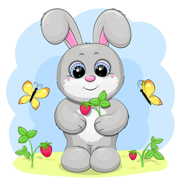 Cute cartoon gray rabbit with strawberries and butterflies. Vector illustration of an animal on a blue background. - Vettoriali, immagini