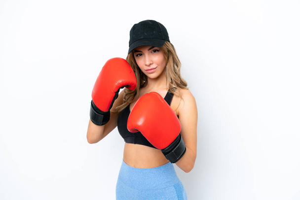 Young caucasian woman isolated on white background with boxing gloves - Foto, afbeelding