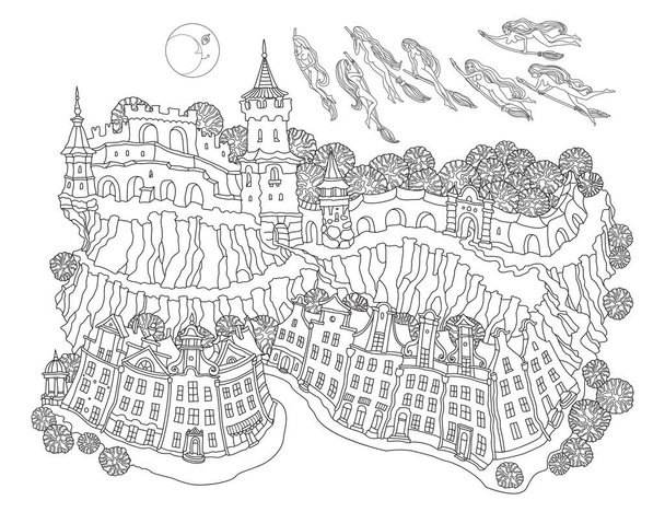 Vector fantasy landscape, fairy tale small town, medieval castle on the hill, witches flying on the broom to Sabbath. Black and white Adults Coloring Book page  - Vector, Image