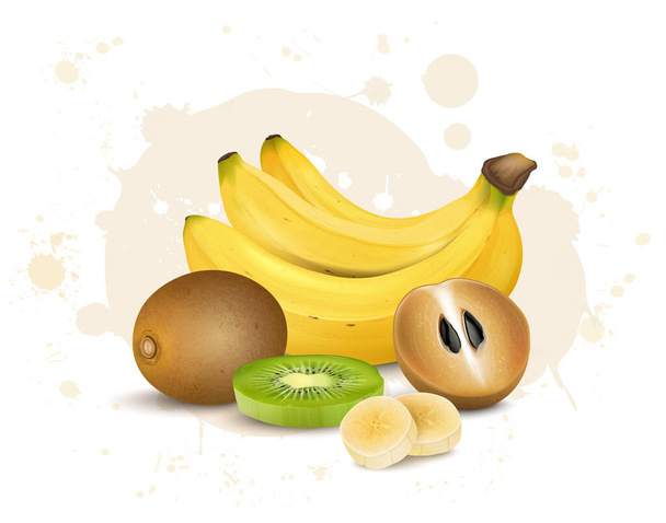 Sapodilla y plátano vector de fruta ilustración con rodajas de kiwi aislados sobre fondo blanco - Vector, imagen