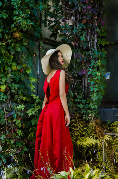 Kırmızı elbise poz içinde kız - Fotoğraf, Görsel