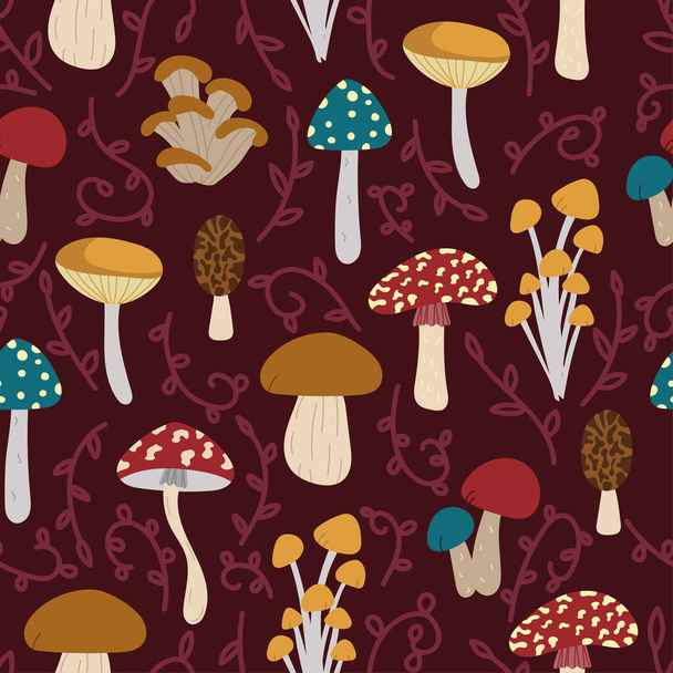 Seamless pattern design. Autumn backdrop for wallpaper, print, textile, fabric, wrapping. Mushrooms isolated on red background - ベクター画像