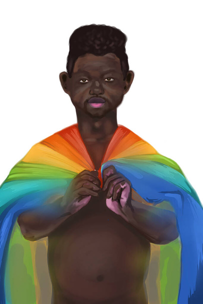 LGBT love concept illustration, cartoon flat homosexual black men holding rainbow flag - Fotoğraf, Görsel