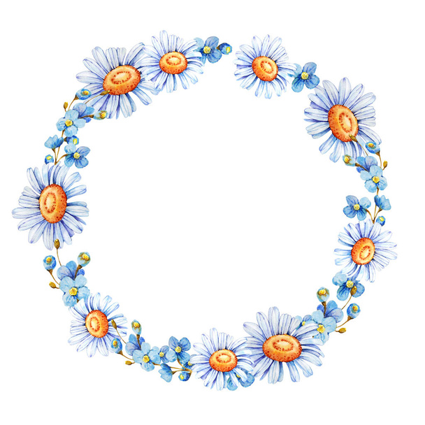 Floral round frame wild flowers, wreath, chamomile, forget-me-not, bluebell, calendula. Hand drawn watercolor illustration isolated on white background - Photo, image
