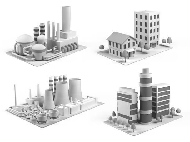 Conjunto de diferentes edificios, centro de oficinas, potencia, fábrica y vivienda
 - Foto, imagen