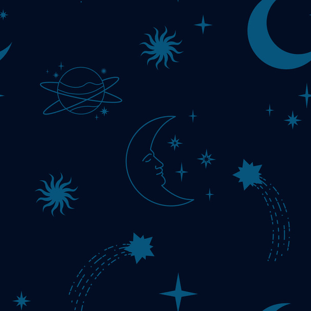 Celestial elements on a dark blue background. Boho seamless pattern. - Vecteur, image