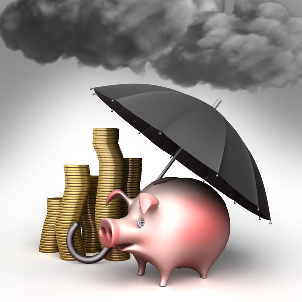 Regenschirm schützt Sparschwein vor schlechtem Wetter. Schutz vor Krise. - Foto, Bild