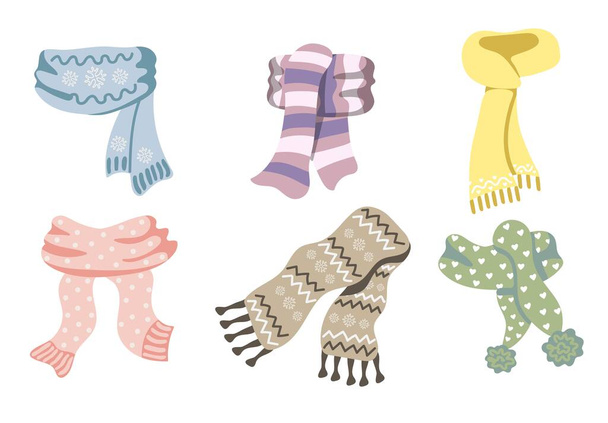 Colorful knitted winter scarves set. Cute hand drawn elements for winter design - Vektör, Görsel