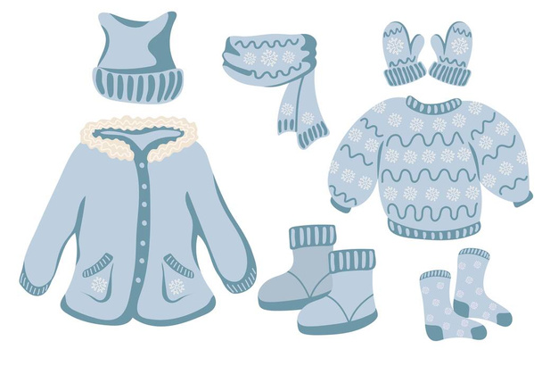 Set of blue knitted winter clothes and outerwear. Knitted winter scarf, hat, mittens, socks, boots, sweater and jacket - Wektor, obraz