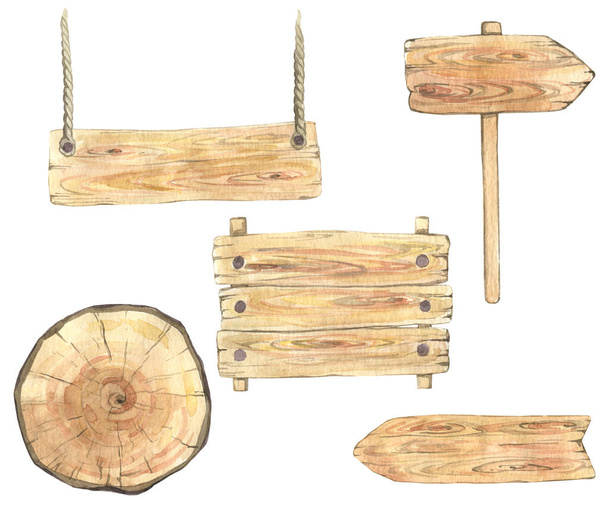 Conjunto de tablas de madera. Dibujo de acuarela. Objetos aislados sobre un fondo blanco. - Foto, imagen