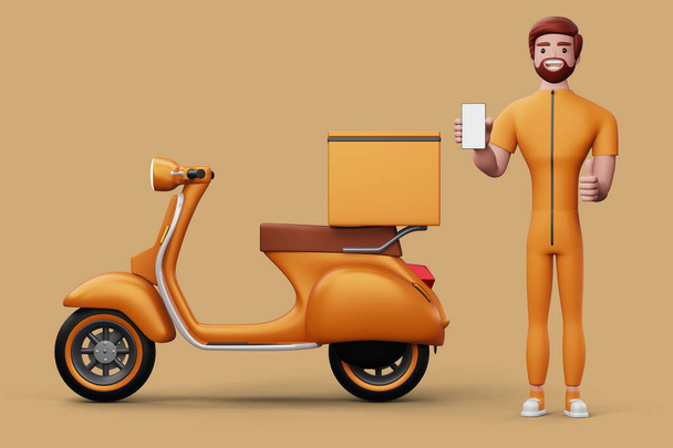 Uomo di consegna con telefono e moto, rendering 3d - Foto, immagini
