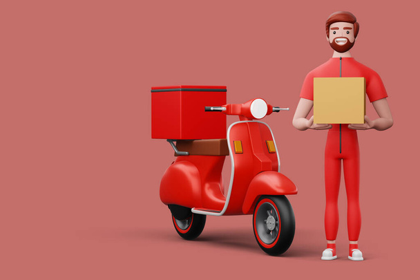 Entrega homem com caixa de encomendas e uma motocicleta, 3d renderização - Foto, Imagem
