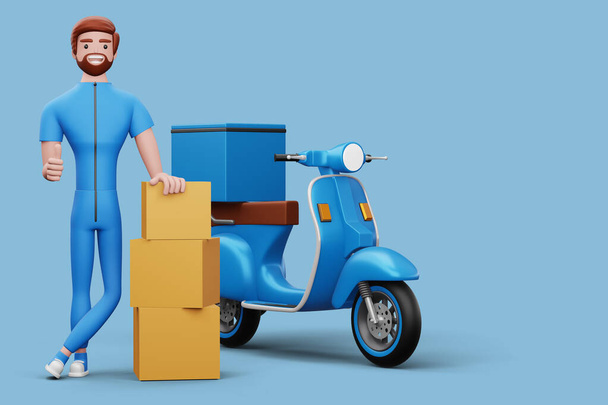 Entrega hombre con caja de paquete y una motocicleta, 3d renderizado - Foto, Imagen