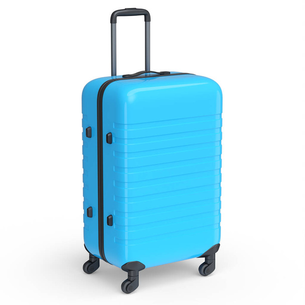 Regular blue polycarbonate suitcase isolated on white background. 3d render travel concept of baggage or luggage - Photo, Image