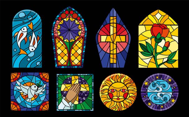 Stained Glass Windows On Black Background - Vector, Imagen