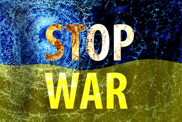 Stop war background with bullet hole and brocken glass. No war in Ukraine - Photo, image