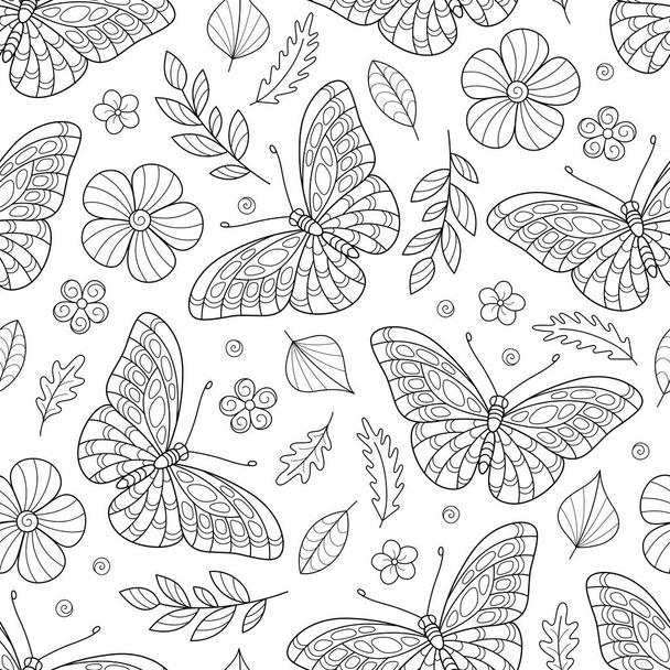Spring Black and White Hand-drawn Seamless Pattern of Outline Butterflies, Flowers, Leaves, Twigs. Doodle Art. Contour bw Natural Continuous Motif  for Page of Coloring Book. - Вектор,изображение