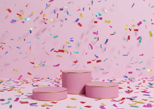 Light, pastel, lavender pink 3D rendering product display three podiums stands with colorful confetti celebration anniversary advertising and golden lines for luxury products simple, minimal background - Foto, Imagem