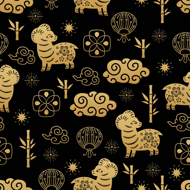 chinês tradicional zodíaco sinais ovelhas sem costura padrão. Ornamento oriental - Vetor, Imagem