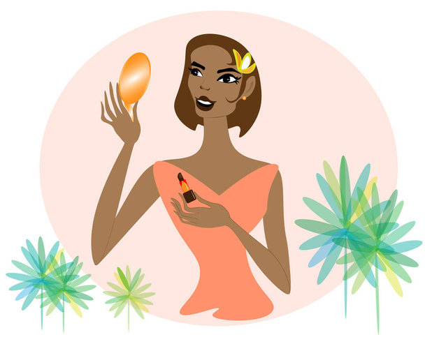 charming Lady with the mirror. Beautiful Lady looks in the mirror painting her lips and thinks what she needs more for make-up, mascara, foundation, powder, highlighter, eyebrow and eye pencil, blush. - Vector, Imagen