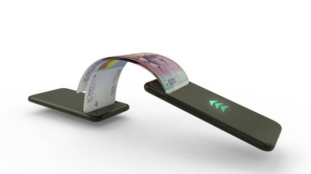 3D rendering of Cape Verdean escudo notes transferring from one phone to another. mobile money transaction concept. money coming out of mobile phone - Foto, Imagen