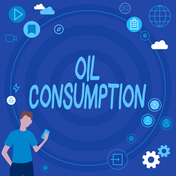 石油消費量を示すテキスト記号。この記事に書かれている言葉は、一日あたりのバレルで消費される総石油です。. - 写真・画像