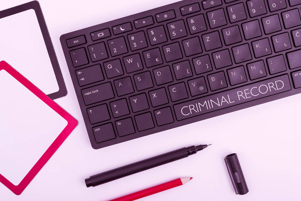 Text caption presenting Criminal Record. Business idea profile of a person criminal history with details Computer Keyboard And Symbol.Information Medium For Communication. - Photo, Image