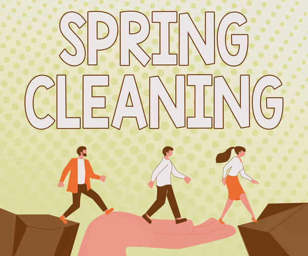 Inspiration showing sign Spring Cleaning. Business showcase practice of thoroughly cleaning house in the springtime Colleagues Crossing Obstacles Hand Bridge Presenting Teamwork Collaboration. - Foto, afbeelding