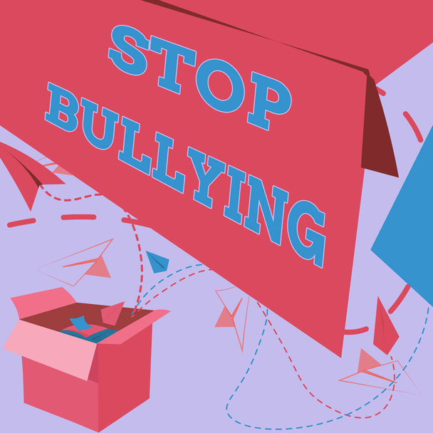 Text caption presenting Stop Bullying. Business overview Fight and Eliminate this Aggressive Unacceptable Behavior Open Box With Flying Paper Planes Presenting New Free Ideas - Photo, Image