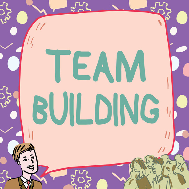 Writing displaying text Team Building. Concept meaning Types of activities used to enhance social relations Businessman With Large Speech Bubble Talking To Crowd Presenting New Ideas - Foto, Bild