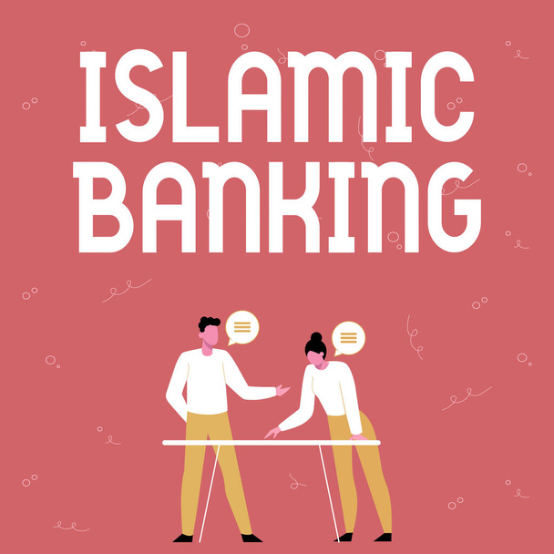 Textschild, das Islamic Banking zeigt. Konzeptionelles Foto Banksystem basiert auf den Prinzipien des islamischen Rechts Partner teilen neue Ideen zur Verbesserung der Fähigkeiten Arbeitsstrategien. - Foto, Bild