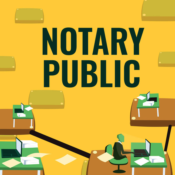Text sign showing Notary Public. Internet Concept Legality Documentation Authorization Certification Contract Male office worker utilizing technology available office supplies. - Zdjęcie, obraz