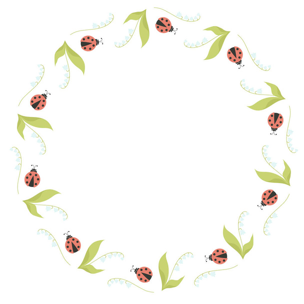 Round frame with May lilies of the valley with leaves and ladybugs. Vector illustration. Beautiful Spring card, decoration, napkin for design, postcards, decor and decoration, print - Vettoriali, immagini