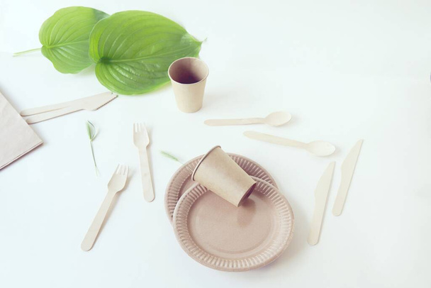 Eco-friendly disposable tableware from natural materials and green leaves on a light background, the concept of ecology, zero waste, lifestyle - Valokuva, kuva